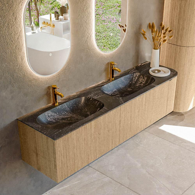 MONDIAZ KURVE-DLUX 175cm Meuble salle de bain avec module 25 D - couleur Oak - 2 tiroirs - 1 porte - vasque STOR SMALL double / gauche - 2 trous de robinet - couleur Lava