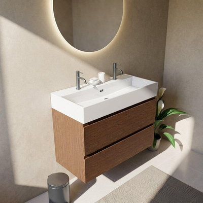 Saniclass Holz Pure Ensemble de meubles de salle de bains - 100x45x72cm - Legend lavabo en céramique blanc - 1 vasque - 2 trous de robinetterie - 2 tiroirs - walnut pure mat (bois)