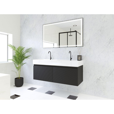 HR Matrix ensemble meuble de salle de bain 3d 120cm 2 tiroirs sans poignée avec bandeau couleur noir mat avec vasque kube double 2 trous de robinetterie blanc