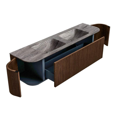 MONDIAZ KURVE-DLUX 170cm badmeubel ronding Links + Rechts kleur Walnut met 1 lade en 2 deuren. Wastafel LEAF Dubbel 2 kraangaten Oza.