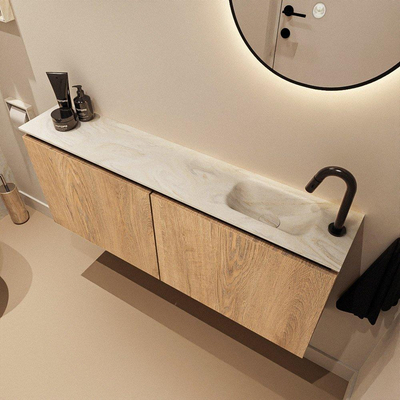 MONDIAZ TURE-DLUX meuble de toilettes 120 cm Washed Oak. EDEN vasque Ostra position à droite. Avec 1 trou de robinet.