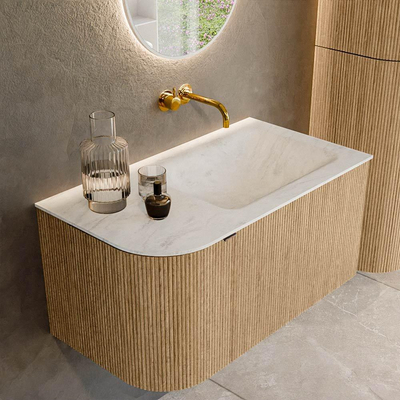 MONDIAZ KURVE-DLUX meuble de salle de bains 85 cm avec module 25 L couleur chêne avec 1 tiroir et 1 porte. Lavabo CLOUD droit sans trou de robinetterie couleur Opalo.