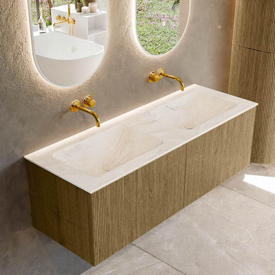 Mondiaz KURVE-DLUX Badkamermeubelset - 130x46x40cm - 2 lade - wastafel solid surface - dubbel - zonder kraangat - Dusk
