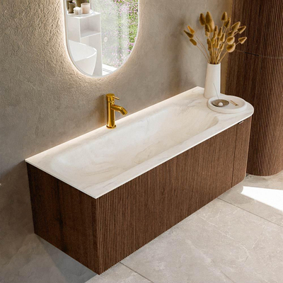 MONDIAZ KURVE-DLUX Meuble de salle de bains 125 cm avec module 25 R couleur Walnut avec 1 tiroir et 1 porte. Lavabo BIG MEDIUM gauche 1 trou de robinet couleur Ostra.