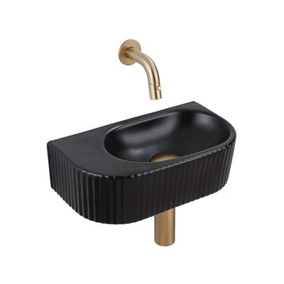 QeramiQ Fuente Ensemble de Lavabo - 40x21.5x12cm - strié - demi-rond - céramique - ensemble de robinet en laiton brossé - bouchon de vidange - siphon réduit - noir mat