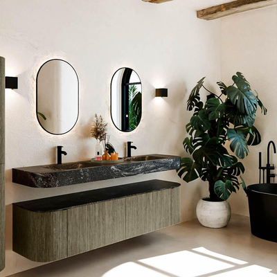 MONDIAZ THOR-DLUX 180cm meuble de salle de bains arrondi gauche + droite couleur Shadow avec 2 tiroirs et 2 portes. Vasque suspendue CLOUD Double 2 trous de robinet couleur Lava.