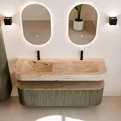 MONDIAZ THOR-DLUX 150cm meuble de salle de bains arrondi gauche + droite couleur Shadow avec 1 tiroir et 2 portes. Vasque suspendue CLOUD Double 2 trous de robinet couleur Arena.