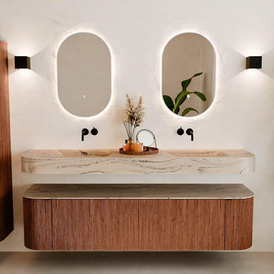 MONDIAZ THOR-DLUX 180cm meuble de salle de bains arrondi gauche + droite couleur Ruby avec 2 tiroirs et 2 portes. Vasque suspendue CLOUD Double sans trou de robinet couleur Arena.