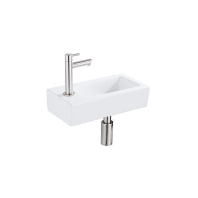QeramiQ Fuente Fonteinset - 37.5x18.5x9cm - keramiek - kraangat links - fonteinkraan geborsteld RVS - afvoerplug - verlaagd sifon - Mat wit