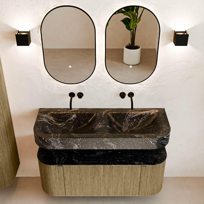 MONDIAZ THOR-DLUX 120cm meuble de salle de bains arrondi gauche + droite couleur Dusk avec 1 tiroir et 2 portes. Vasque suspendue CLOUD Double sans trou de robinet couleur Lava.