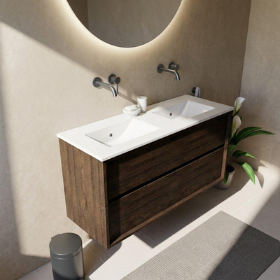 Saniclass Holz Frame Ensemble de meubles de salle de bains - 120x45x62cm - lavabo Vygo en céramique blanc - 2 vasques - sans trous de robinetterie - 2 tiroirs - chêne charbon mat (bois)