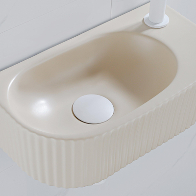 Fugaflow Efficiente Pietra Ensemble lave-mains – 40 x 21,5 x 12 cm – droite – nervuré – demi-rond – 1 trou pour robinet – céramique – robinet pour lave-mains blanc mat – bonde d’évacuation – siphon extra-plat – beige