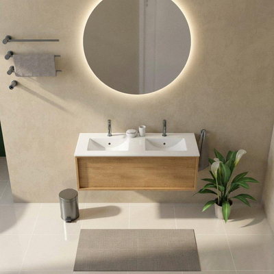 Saniclass Holz Frame Ensemble meuble de salle de bains - 120x45x42cm - Vygo lavabo en céramique blanc - 2 vasques - 2 trous de robinetterie - 1 tiroir - chêne natural mat (bois)