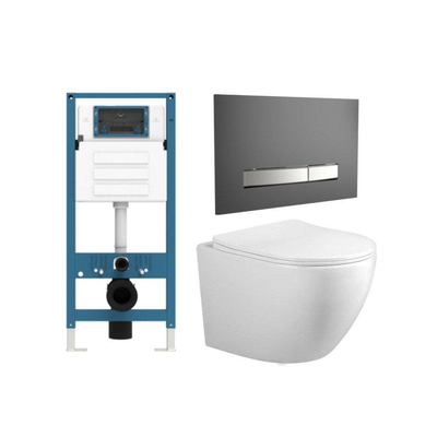 FugaFlow Eccelente Press – Ensemble WC – 56 × 38 × 35 cm – à évacuation profonde – sans bride – réservoir encastré – fermeture amortie (soft-close) – déclipsage rapide (quick release) – abattant WC – plaque de commande métallique finition gunmetal – blanc