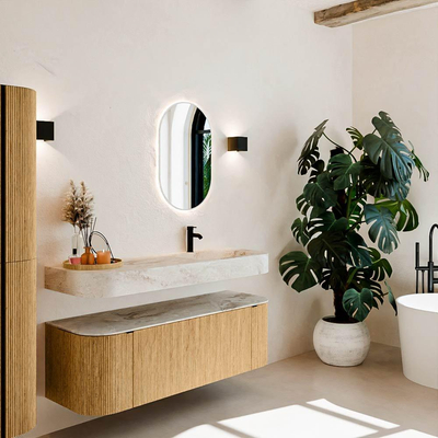 MONDIAZ THOR-DLUX Meuble de salle de bains 140cm arrondi gauche + droite couleur Oak avec 1 tiroir et 2 portes. Vasque suspendue CLOUD Droite 1 trou de robinet couleur Frappe.