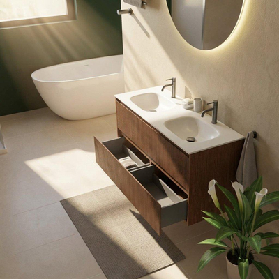 Saniclass Holz Atelier Ensemble meuble de salle de bains - 120x45x61.5cm - Flow lavabo en solid surface blanc - 2 vasques - 2 trous de robinet - 2 tiroirs - walnut pure mat (bois)