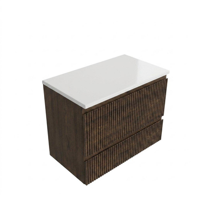 Saniclass Holz Atelier Ensemble de meubles de salle de bains - 80x45x62.5cm - plan de toilette Torino en Solid Surface blanc - sans trou de robinetterie - 2 tiroirs - chêne charcoal mat (bois)