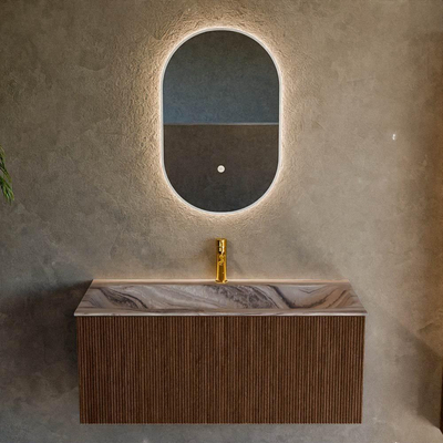 MONDIAZ KURVE-DLUX 100cm badmeubel kleur Walnut met 1 lade en 0 deuren. Wastafel BIG MEDIUM Midden 1 kraangat Sombra.
