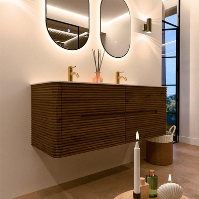 Mondiaz CIRO-DLUX Meuble de salle de bains - 130x45x50cm - Plan vasque solid surface Meli - 2 vasques double - 2 perçages de robinetterie - 4 tiroirs - Dusk