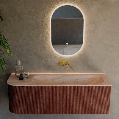 MONDIAZ KURVE-DLUX 135cm badmeubel ronding Links kleur Ruby met 1 lade en 1 deur. Wastafel BIG MEDIUM Rechts zonder kraangat Saba.