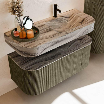 MONDIAZ THOR-DLUX 110cm meuble de salle de bains arrondi gauche + droite couleur Shadow avec 1 tiroir et 2 portes. Vasque suspendue CLOUD Droite 1 trou de robinet couleur Sombra.