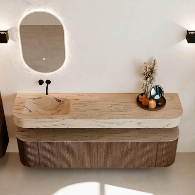 MONDIAZ THOR-DLUX 180cm badmeubel ronding links + rechts kleur Walnut met 2 lades en 2 deuren. Vrijhangende wastafel CLOUD Links zonder kraangat kleur Arena.
