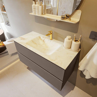 Mondiaz VICA-DLUX Ensemble de meuble de salle de bain - 100cm - meuble sous-vasque fumée - 2 tiroirs - lavabo encastré nuage milieu - 1 trou de robinet - version haute 60cm - frape