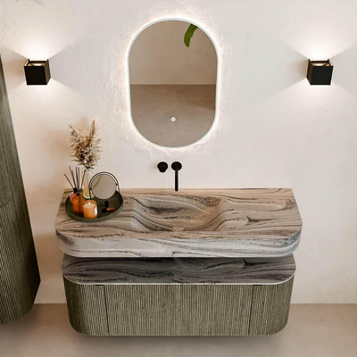 MONDIAZ THOR-DLUX 130cm meuble de salle de bains arrondi gauche + droite couleur Shadow avec 1 tiroir et 2 portes. Vasque suspendue CLOUD Milieu sans trou de robinet couleur Sombra.