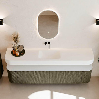 MONDIAZ THOR Meuble de salle de bains - 200cm - arrondi gauche + droite - couleur Shadow - 2 tiroirs et 2 portes - Vasque suspendue CLOUD Milieu sans trou de robinet - couleur Talc