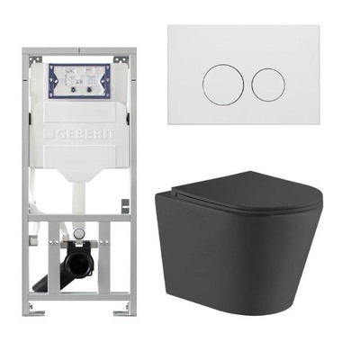 QeramiQ Dely Ensemble WC - 36.3x51.7cm - sortie profonde - sans bride - réservoir encastré Geberit UP320 - avec cadre Burda - abattant de WC softclose - plaque de commande blanc mat - boutons ronds - noir mat