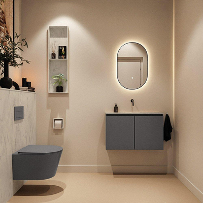 MONDIAZ TURE-DLUX Meuble toilette - 80cm - Dark Grey - EDEN - vasque Opalo - position centrale - sans trou de robinet