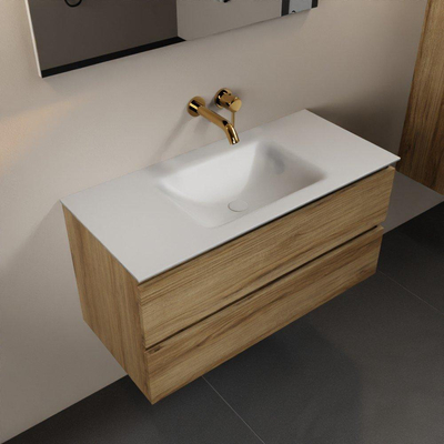 Mondiaz AIVY Ensemble de meuble - 100x45x50cm - 0 trous de robinet - 1 vasque talc Solid surface - Centre - 2 tiroirs - avec miroir - Melamine Chai