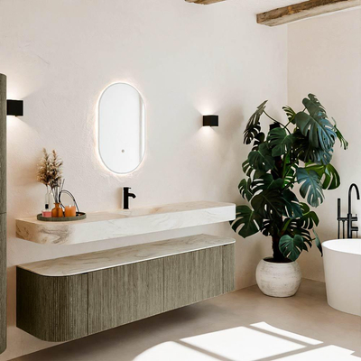 MONDIAZ THOR-DLUX 180cm meuble de salle de bains arrondi gauche + droite couleur Shadow avec 2 tiroirs et 2 portes. Vasque suspendue CLOUD Milieu 1 trou de robinet couleur Ostra.