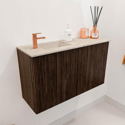 Mondiaz JOYA-DLUX 70cm toiletmeubel - kleur Walnut - Wastafel FAYE positie Links 1 kraangat kleur Frappe.