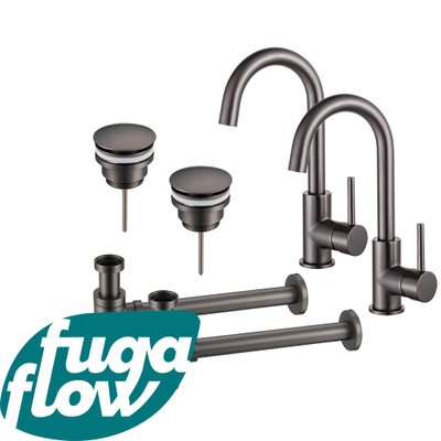 FugaFlow Eccelente Sobrado Badkamer Wastafelkraanset - voor dubbele wastafel - hoge wastafelkraan - draaibare uitloop - klikwaste plug - verlaagde design sifon - PVD Gepolijst Gunmetal -