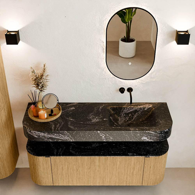 MONDIAZ THOR-DLUX 140cm meuble de salle de bains arrondi gauche + droite couleur Oak avec 1 tiroir et 2 portes. Vasque suspendue CLOUD droite sans trou de robinet couleur Lava.