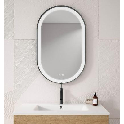 Saniclass Vygo Spiegel - 80cm - ovaal - 6mm - LED verlichting - spiegelverwarming - zwart - licht beschadigd-OUTLETSTORE