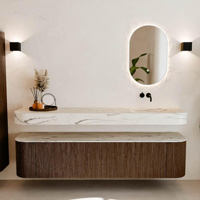 MONDIAZ THOR-DLUX 190cm badmeubel ronding links + rechts kleur Walnut met 2 lades en 2 deuren. Vrijhangende wastafel CLOUD Rechts zonder kraangat kleur Nata.
