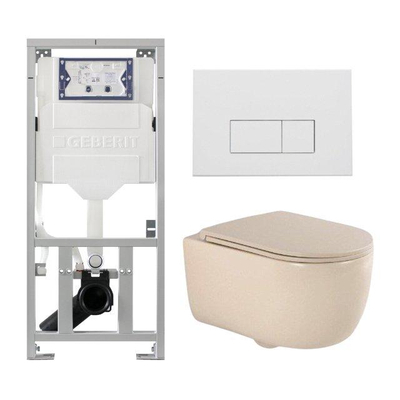 QeramiQ Dely Swirl Ensemble WC- 36.3x51.7cm - Réservoir encastré Geberit UP320 - Abattant fin - Plaque de commande en métal blanc mat - Boutons rectangulaires - Beige