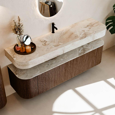 MONDIAZ THOR-DLUX 170cm meuble de salle de bains arrondi gauche + droite couleur Walnut avec 1 tiroir et 2 portes. Vasque suspendue CLOUD Milieu 1 trou de robinet couleur Frappe.