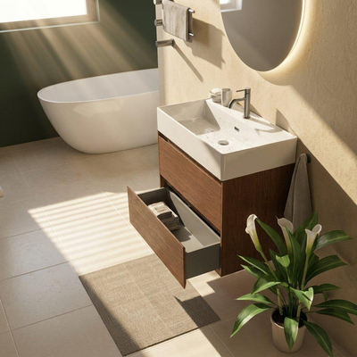 Saniclass Holz Pure Ensemble meuble de salle de bains - 80x45x72cm - Legend lavabo en céramique blanc - 1 vasque - 1 trou de robinet - 2 tiroirs - noyer pure mat (bois)