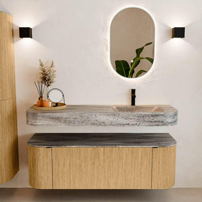 MONDIAZ THOR-DLUX 140cm badmeubel ronding links + rechts kleur Oak met 1 lade en 2 deuren. Vrijhangende wastafel CLOUD Rechts 1 kraangat kleur Oza.