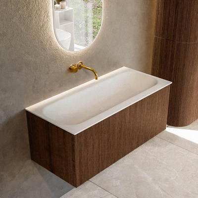 MONDIAZ KURVE Meuble de salle de bains 100 cm couleur Walnut avec 1 tiroir. Lavabo BIG MEDIUM centré sans trou de robinet Talc.