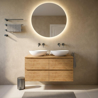 Saniclass Holz Pure Ensemble meuble de salle de bains - 120x45x62cm - plan de travail en bois - sans trou de robinet - 4 tiroirs - chêne natural mat (bois)