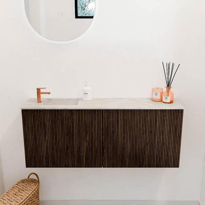 Mondiaz JOYA-DLUX 100cm toiletmeubel - kleur Walnut - Wastafel FAYE positie Links 1 kraangat kleur Ostra.