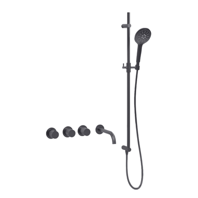 Fortifura Nebbio Badcombinatie-set - thermostaatkraan - glijstang met geïntegreerde wandaansluitbocht - metalen doucheslang - ronde handdouche - uitloop - gunmetal (antraciet)