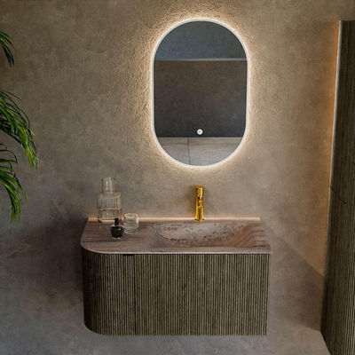 MONDIAZ KURVE-DLUX meuble de salle de bains 85 cm arrondi à gauche couleur Shadow avec 1 tiroir et 1 porte. Lavabo CLOUD à droite 1 trou de robinet Oza.