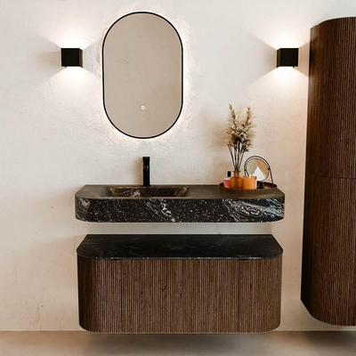 MONDIAZ THOR-DLUX 110cm badmeubel ronding links + rechts kleur Walnut met 1 lade en 2 deuren. Vrijhangende wastafel CLOUD Links 1 kraangat kleur Lava.