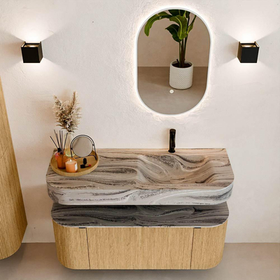 MONDIAZ THOR-DLUX 120cm badmeubel ronding links + rechts kleur Oak met 1 lade en 2 deuren. Vrijhangende wastafel CLOUD Rechts 1 kraangat kleur Sombra.