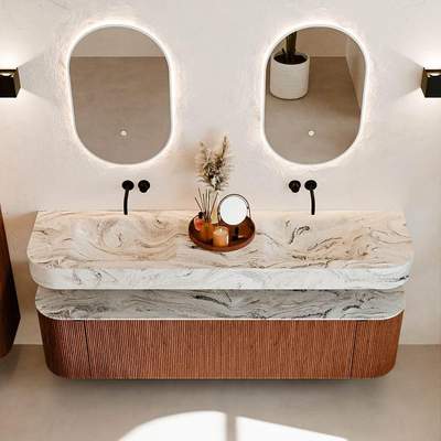 MONDIAZ THOR-DLUX 180cm meuble de salle de bains arrondi gauche + droite couleur Ruby avec 2 tiroirs et 2 portes. Vasque suspendue CLOUD Double sans trou de robinet couleur Glace.